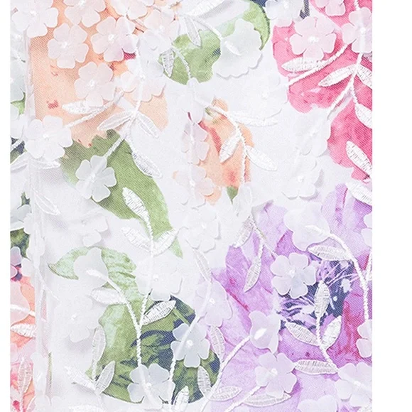 Xscape 3D-Appliqué Floral-Print Gown Size 4 White‎ Pink Formal Evening Dress Maxi